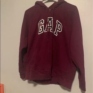Burgundy and white gap zip up hoodie.